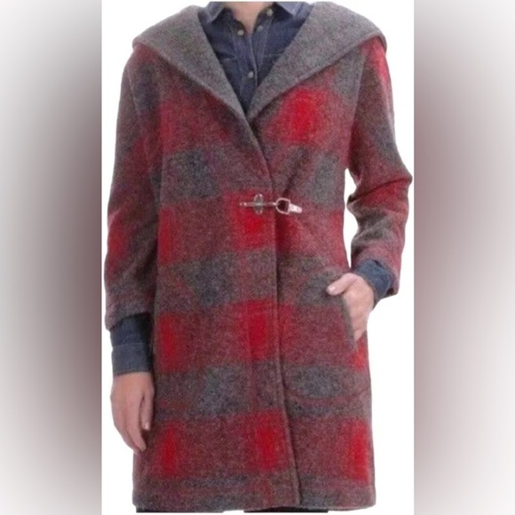 Max Studio Jackets & Blazers - Max Studio Hooded Wool Blend Red and Grey Plaid Women Jacket Coat Size Small